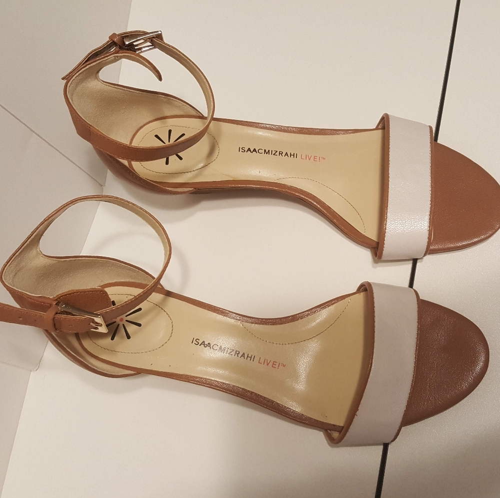 Isaac Mizrahi Live Women's Katie Ankle Strap Wedge Leather Sandal 9.5W Cream/Tan